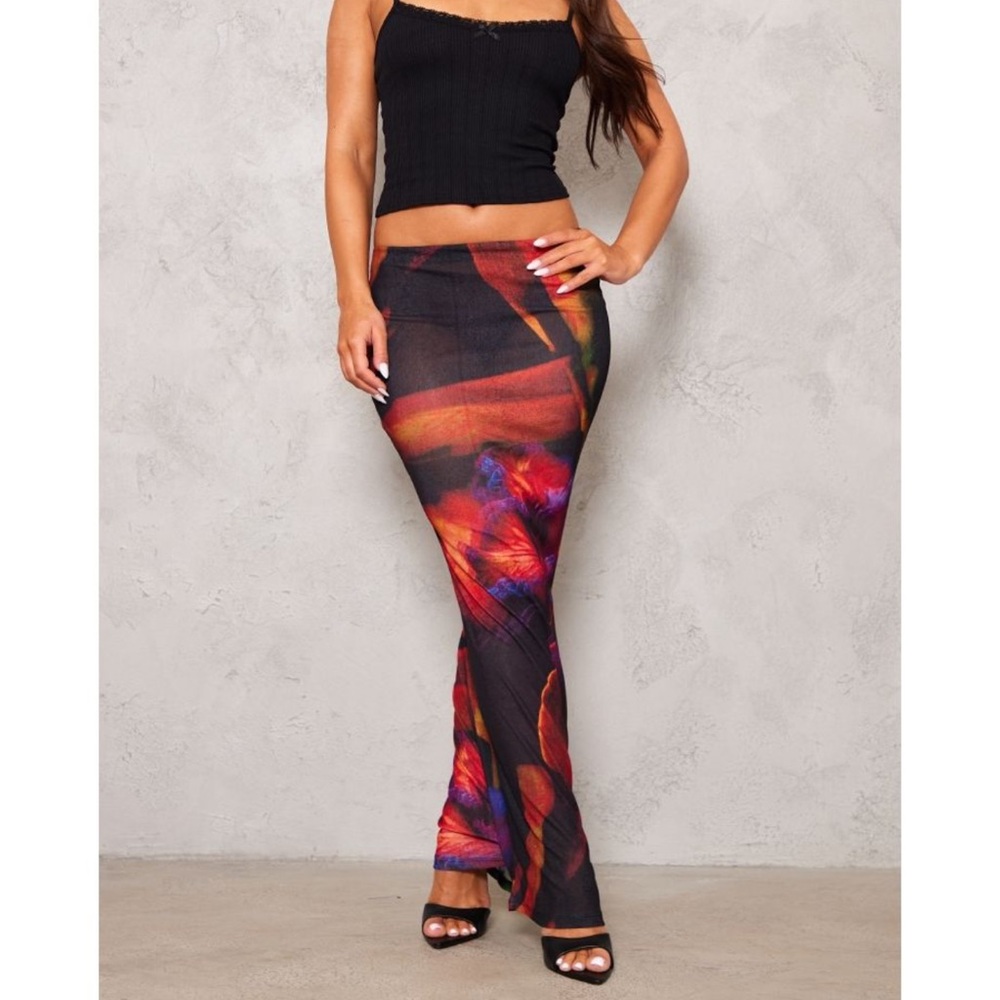 Pretty Little Thing Sheer Mesh floral print burnout low rise maxi skirt